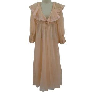 VTG Montgomery Ward Medium Pastel Orange Sheer Lace Trim Peignoir Robe Bathrobe
